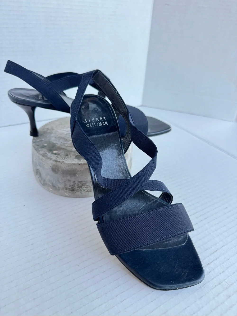 Stuart Weitzman Navy Elastic Strappy Kitten Heel Sandals